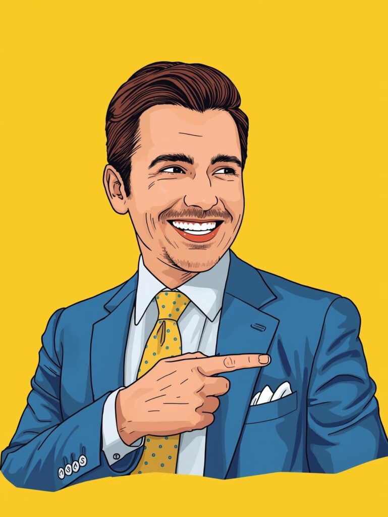 mi dai un fondo giallo brillante #FFD900 con sopra il disegno di un uomo in giacca e cravatta a colori che sorride e indica verso destra
